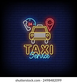 taxi service neon sign vector with brick wall background