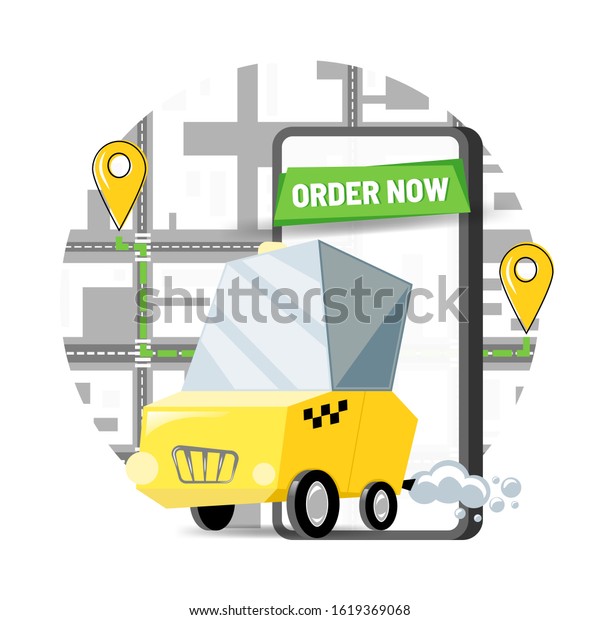 Taxi service with online booking,\
choosing the route on the map. Smartphone with order button -\
application for the mobile phone. Vector\
illustration.