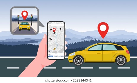 Servicio de taxi y alquiler de coches en línea: Solicite un viaje con Tecnología GPS, ruta y Locación marcados en un mapa de la ciudad. Vector