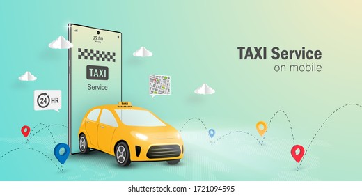 Taxi Service Online Concept, Taxi service application on mobile, Web banner with copy space