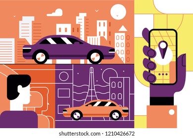 Concepto de aplicación móvil en línea de servicio de taxi. Pedido en taxi con la aplicación para smartphones. Plano. Ilustración vectorial.