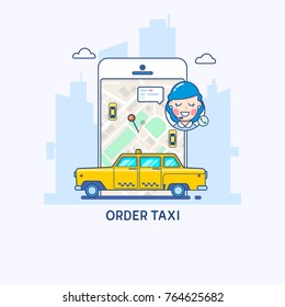 Taxi service. Online taxi order, call by phone, mobile application. Thin line flat design concept