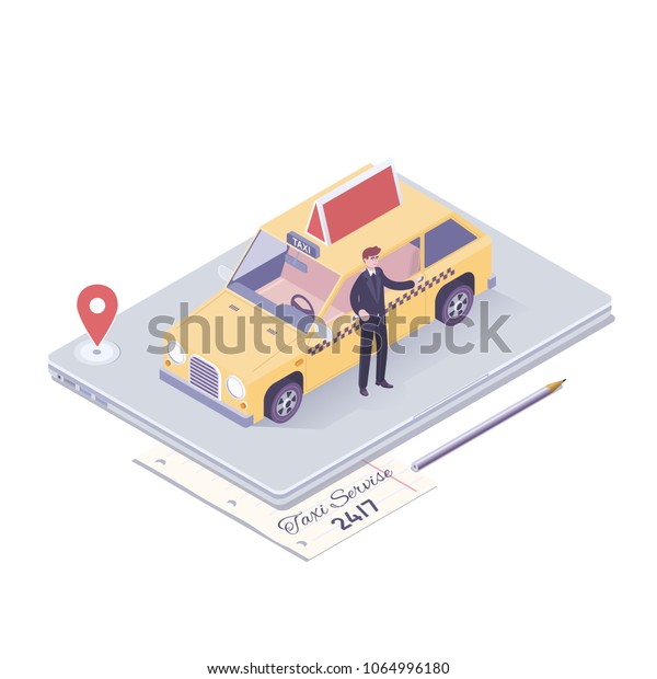 Taxi\
service. Online taxi order, call by phone, mobile application. Thin\
line flat design concept.Flat 3d isometric\
concept