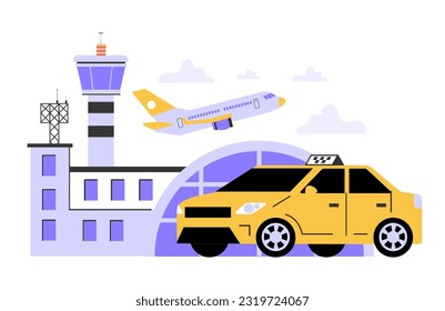 Taxi service. Online taxi order in mobile application. Yellow taxi car. Automobile cab transfering passengers or tourists from airplane. Idea of public city transportation. Flat vector illustration