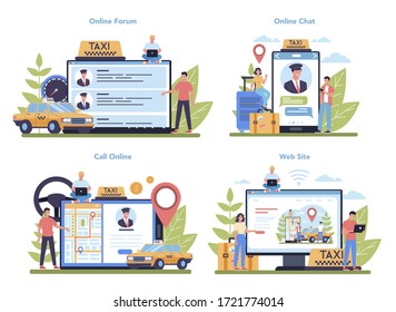 Taxi service online service or platform set. Yellow taxi car. Idea of public city transportation. Online forum, chat, website and online booking. Isolated flat illustration