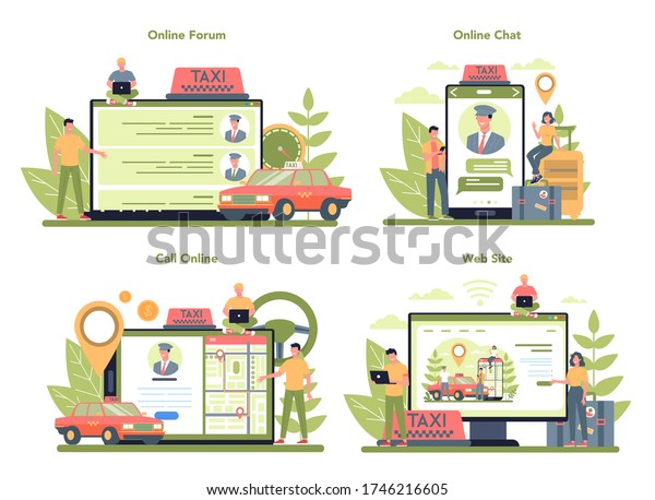Taxi service online\
service or platform set. Yellow taxi car. Idea of public city\
transportation. Online forum, chat, website and online booking.\
Isolated flat\
illustration