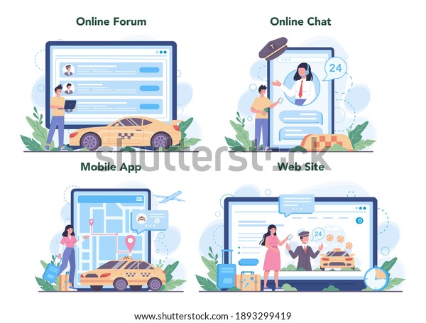 Taxi service online service or platform set.\
Yellow taxi car. Automobile cab with driver inside. Idea of public\
city transportation. Online forum, chat, website, mobile app.\
Isolated flat\
illustration