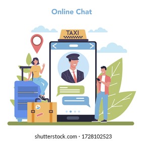 Taxi service online service or platform. Yellow taxi car. Idea of public city transportation. Online chat. Isolated flat illustration