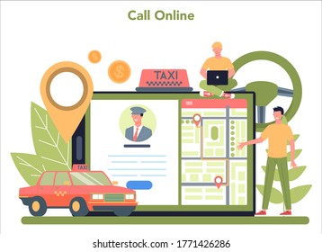 Taxi service online service or platform. Yellow taxi car. Idea of public city transportation. Online booking. Isolated flat illustration