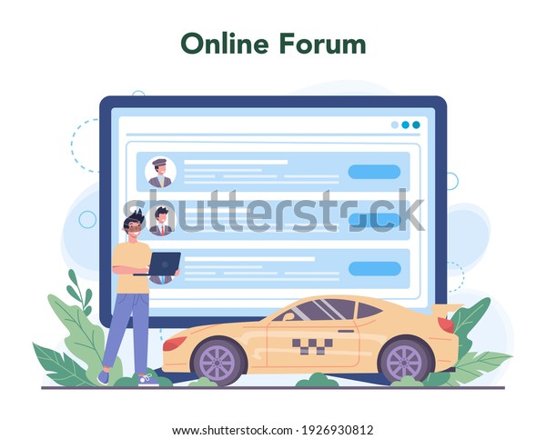 Taxi service online\
service or platform. Yellow taxi car. Automobile cab with driver\
inside. Idea of public city transportation. Online forum. Isolated\
flat illustration