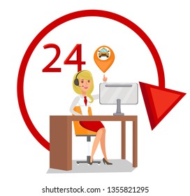 Taxi Service Operator Flat Vector Illustration. Woman in Headphones Answering Calls Isolated Cartoon Character. 24 Hours Helpdesk. Customer Support. Cab Company Dispatcher Design Element