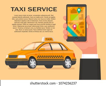 Taxi service. Order a cab through the application on your smartphone. Vector illustration in a flat style