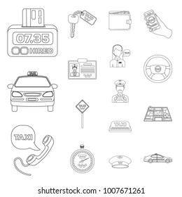 Taxi service outline icons in set collection for design. Taxi driver and transport vector symbol stock web illustration.