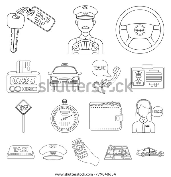 Taxi\
service outline icons in set collection for design. Taxi driver and\
transport vector symbol stock web\
illustration.
