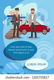 Taxi Service Parking Flat Vector Illustration. Gas Station. Young Man Gives Car Keys to Chauffeur Cartoon Characters. Transport Rent. Driver and Passenger Vertical Flyer, Brochure, Poster Design