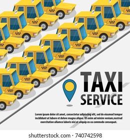 Taxi service. Parking with yellow taxi cars isolated on white background vector illustration
