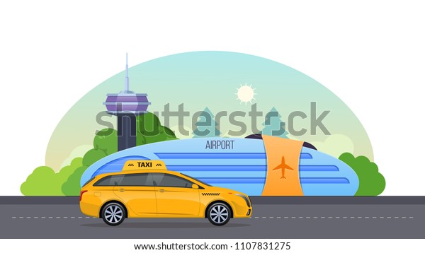 Taxi service for passengers. Airport\
building, runway for airplanes, airport landscape, surrounding\
area, city streets, services taxi, places for machines on road of\
city. Vector\
illustration.