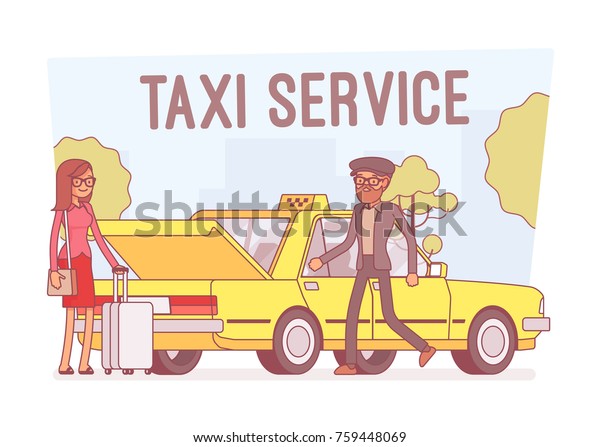 Taxi service. Personal city\
transportation service with good driver to arrive to your\
destination fast and safe, booking in app. Vector line art\
illustration