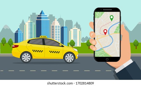 Taxi service with phone in hand. Flat urban background with sedan cab and online traffic with location in map. Man calls yellow auto in smartphone application. Travel concept. vector illustration