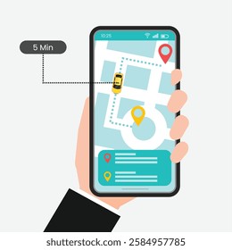 Taxi service with phone in hand. Flat urban background with sedan cab and online traffic with location in map.