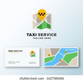 Taxi Service Point Abstract Vector App Icon or Logo and Business Card Template. Pin Location on the Map Symbol with Modern Typography. Premium Stationary Realistic Mock Up. Isolated.