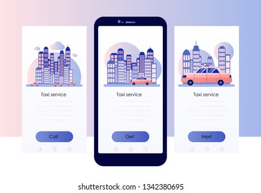 Taxi service. Screen template for mobile smart phone. Background the city with skyscrapers. Flat style. Vector illustration