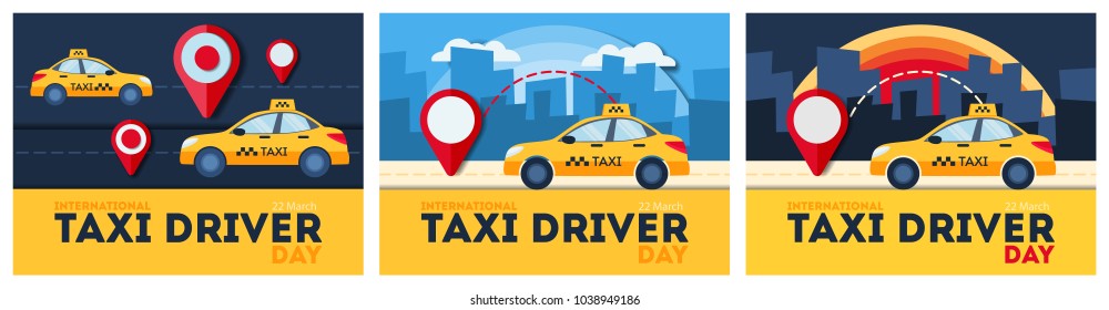 Taxi service set with car, driver and map.