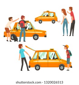 Taxi Service Set, Clients Waving to Taxi, Man Putting Luggage in Car Vector Illustration