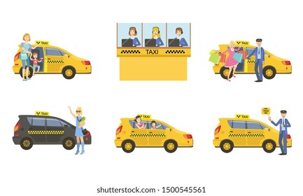 Taxi Service Set, Taxi Driver in Yellow Car and Passengers, Customers Catching Cab, Call Operator Support Service Vector Illustration