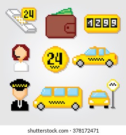 Taxi service set. Taxi icons. Taxi signs and symbols. Taxi pixels. Pixel art. Old school computer graphic style.