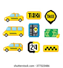 Taxi service set. Pixel art. Old school computer graphic style.