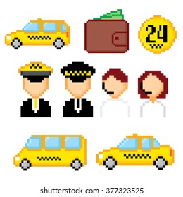 Taxi service set. Pixel art. Old school computer graphic style.