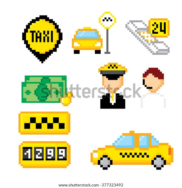 Taxi service set. Pixel art. Old school computer\
graphic style.