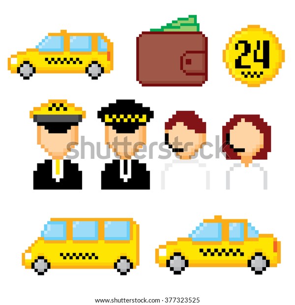 Taxi service set. Pixel art. Old school computer\
graphic style.