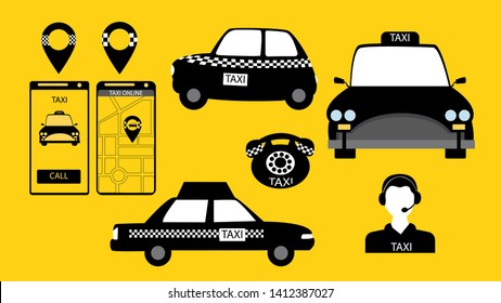 Taxi service signs in vector. Car and mobile app. Vector illustration