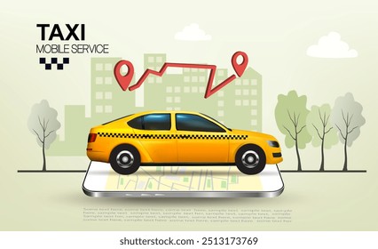 Taxi service smartphone app. Yellow taxi car goes to the call location and smartphone with taxi service mobile app or order taxi online. Vector.