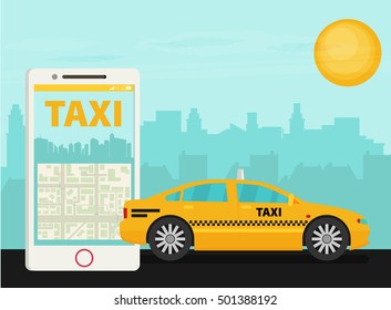 Taxi service. Smartphone, city skyscrapers. Vector flat illustration.