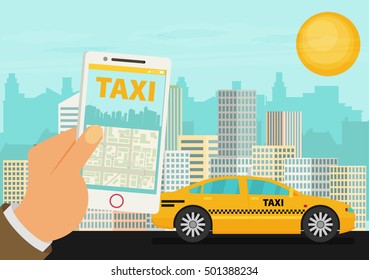 Taxi service. Smartphone, city skyscrapers. Vector flat illustration.