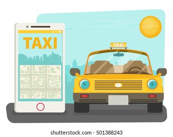 Taxi service. Smartphone, city skyscrapers. Vector flat illustration.