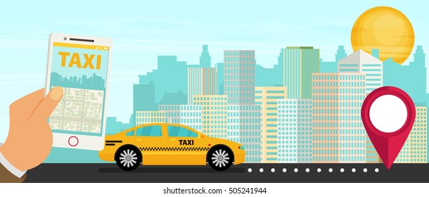 Taxi service. Smartphone, city skyscrapers. Vector flat illustration.