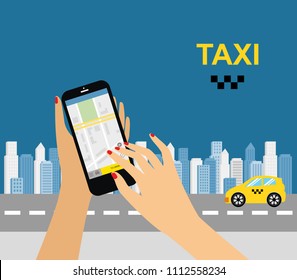 Taxi service. Smartphone and touchscreen, city skyscrapers.Transportation network app, calling a cab by mobile phone concept.