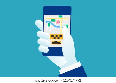 Taxi service. Smartphone and touchscreen, city skyscrapers. Eps 10 Vector illustration, Minimalist white blue flat business style modern design.