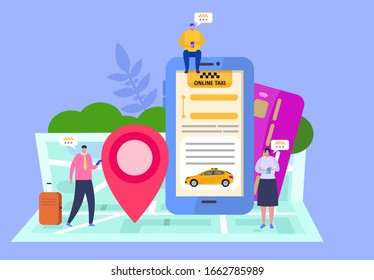 Taxi service. Smartphone and touchscreen, city skyscrapers.Transportation network app, calling a cab by mobile phone concept. Vector flat cartoon illustration