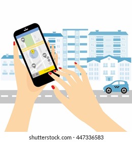 Taxi service. Smartphone and touchscreen, city skyscrapers.Transportation network app, calling a cab by mobile phone concept.