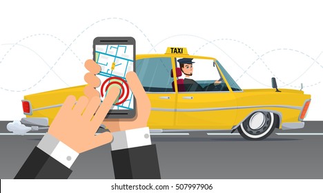 Taxi service. Smartphone and touchscreen, city. Business cartoon concept. Vector illustration isolated on white background in flat style.