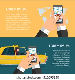 Taxi service. Smartphone and touchscreen, city skyscrapers. Cartoon poster vector illustration. Banners for your web design in business style. Template for your text. Business characters set. .