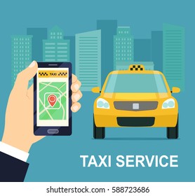 Taxi service. Smartphone and touchscreen, city skyscrapers. Vector flat illustration.