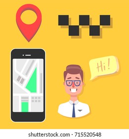 Taxi service. Smartphone and touchscreen, city. Business cartoon concept. Vector creative color illustrations flat design in flat modern style.