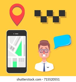 Taxi service. Smartphone and touchscreen, city. Business cartoon concept. Vector creative color illustrations flat design in flat modern style.