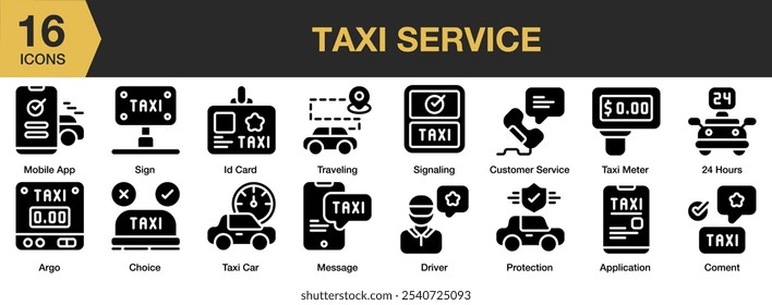 Fester Symbolsatz für Taxi-Service. Beinhaltet Schild, Fracht, Fahrer, Ausweis, Auswahl, Taxi-Auto, und mehr. Vektorgrafik mit durchgezogenen Symbolen.